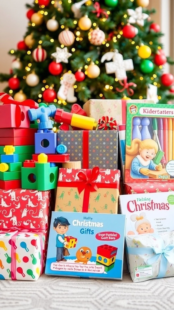 Creative Christmas Gift Ideas for Kindergarteners An assortment of Christmas gifts for young children, including toys and art supplies, under a Christmas tree.
